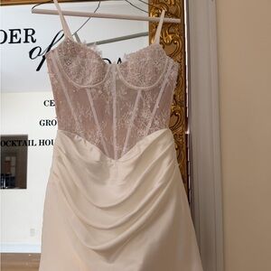 Vivienne - Strapless Lace Bodice Ivory Satin Dress